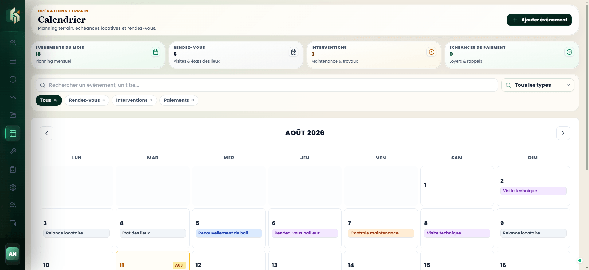 Calendrier des opérations terrain et échéances