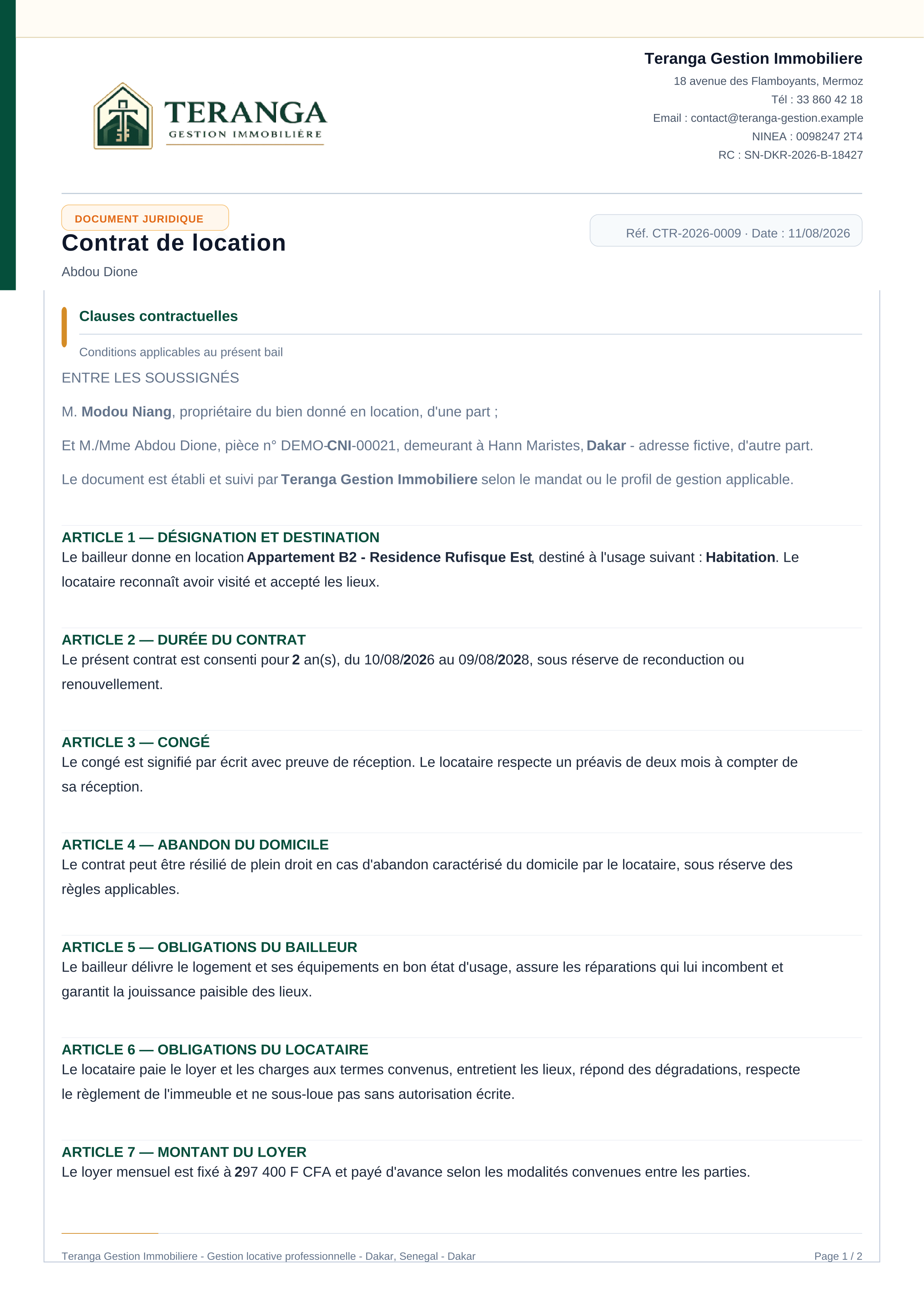 Exemple réel de contrat de bail d'habitation