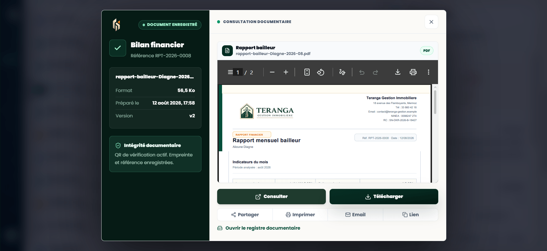 Consultation d'un rapport bailleur généré : référence, version, intégrité documentaire et actions Consulter/Télécharger/Partager/Imprimer/Email/Lien