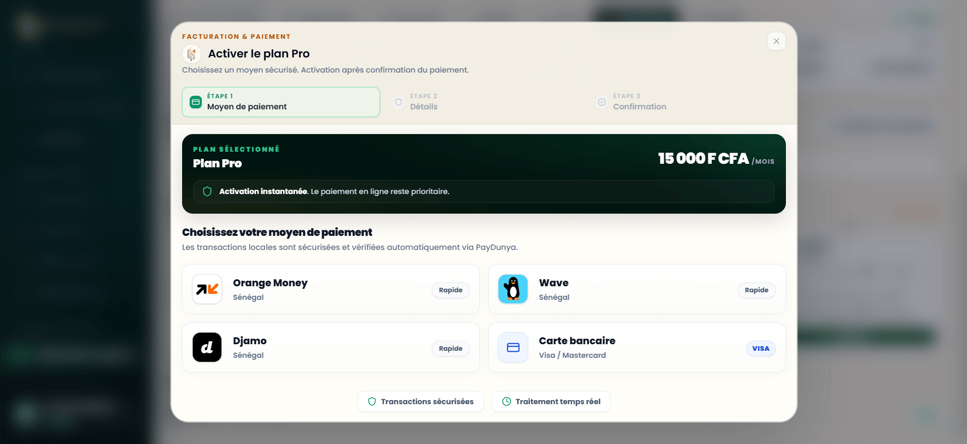 Activation d'un abonnement Samay Këur : paiement local via Orange Money, Wave, Djamo ou carte bancaire
