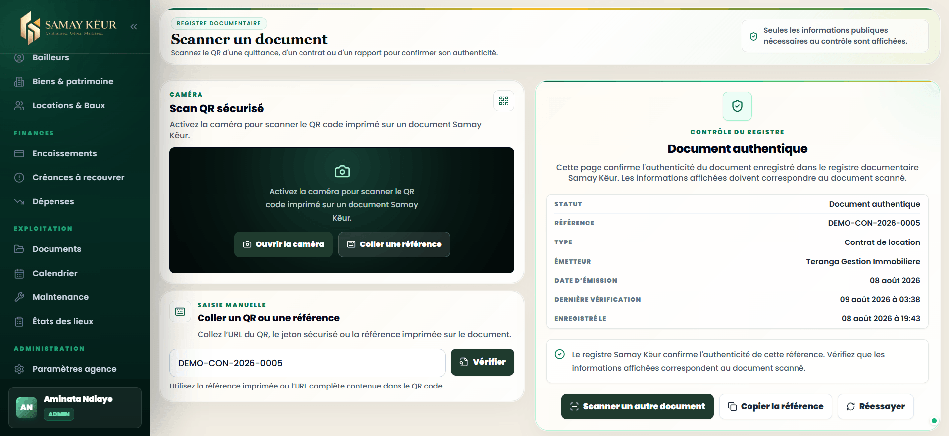 Page publique de vérification QR d'un document authentique
