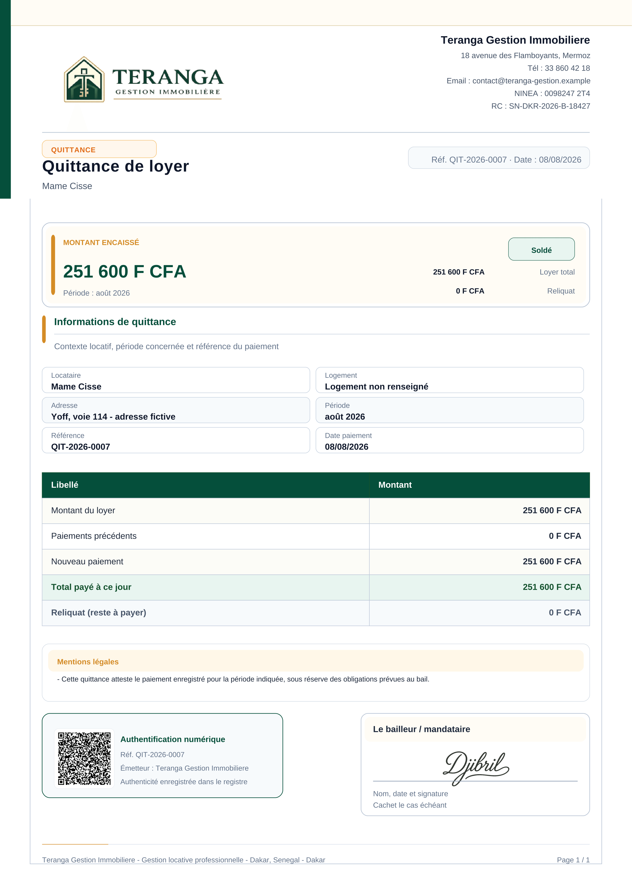Exemple réel de quittance de loyer avec QR Code